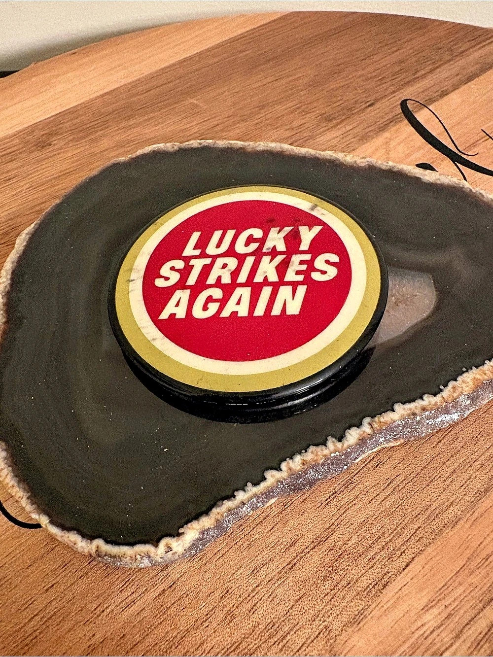 Lucky Strike Lucky Strikes Again N.G. Slater Pinback Button Red & Black